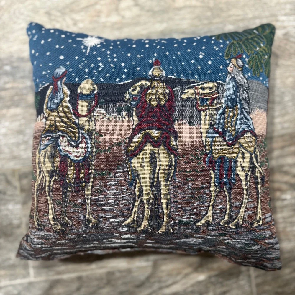 Vtg Three Wise Men Christmas Needlepoint Tapestry Pillow Nativity Scene 12x12